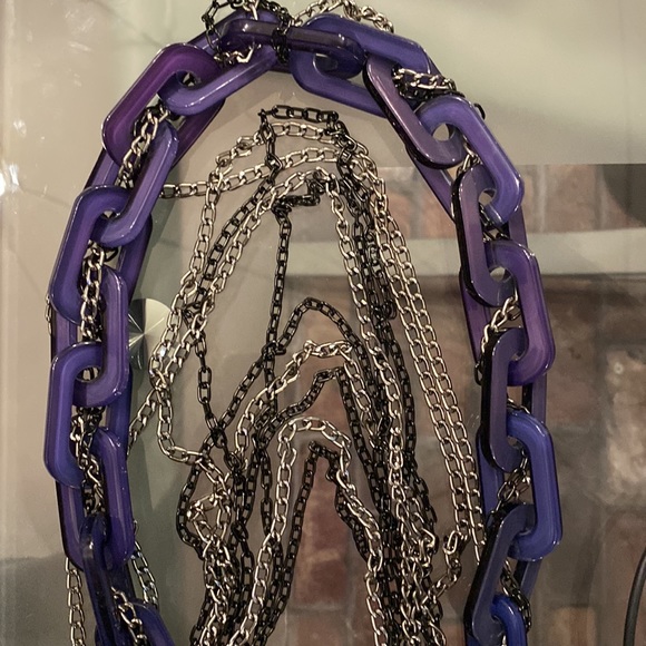 ADIA KIBUR - signed runway necklace w purple lucite links and multi metal chains - Picture 10 of 16